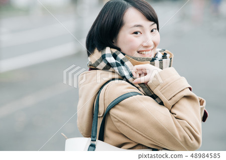 Young Japanese Woman Wearing Duffel Scarf Winter 48984585