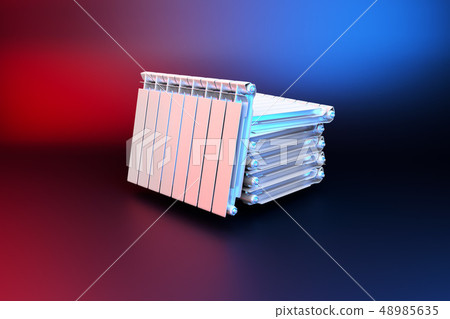 3D rendering. Central heating radiators with many sections. 3D rendering. Central heating radiators with many sections. 48985635