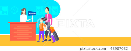 father and daughter tourists with suitcases arrive to hotel check in woman receptionist registration father and daughter tourists with suitcases arrive to hotel check in woman receptionist registration 48987082