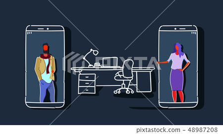 couple chatting from smartphone screens relationships on distance online chat concept couple using 48987208