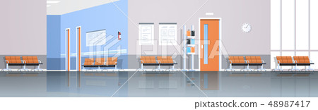 hospital corridor waiting hall with information board chairs and doors empty no people clinic 48987417