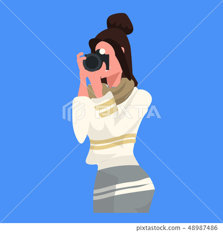 woman photographer taking picture with camera female journalist reporter shooting professional 48987486