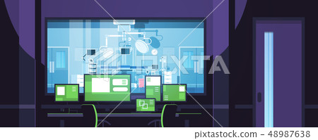 monitors displaying medical information control center office behind glass window hospital operating monitors displaying medical information control center office behind glass window hospital operating 48987638
