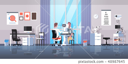 male ophthalmologist checking patient vision doctor in uniform making eye surgery laser correction 48987645