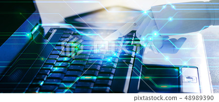 Robot hand use laptop computer, Artificial Robot hand use laptop computer, Artificial 48989390