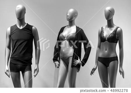 Modern and luxury shop of underwear. Full-length male and female mannequins in nderwear. Lingerie on 48992278