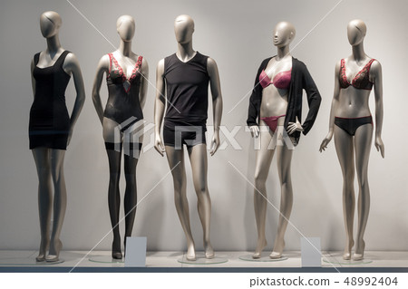 Modern and luxury shop of underwear. Full-length male and female mannequins in nderwear. Lingerie on 48992404