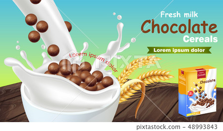 Fresh Chocolate cereals in milk splash Vector 48993843