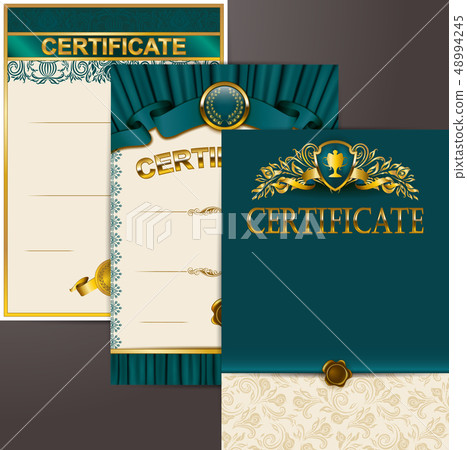 Set of elegant templates of diploma lace ornament, ribbon, wax seal, shield, laurel wreath, drapery 48994245