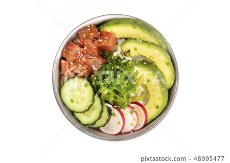 Hawaiian tuna poke salad on white with copy space Hawaiian tuna poke salad on white with copy space 48995477