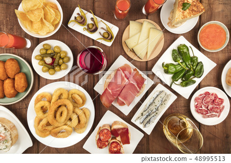 The food of Spain. Overhead photo of many different Spanish tapas 48995513
