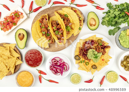 Overhead photo of assortment of Mexican foods 48996389