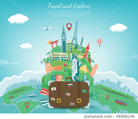 Travel composition with famous world landmarks. Travel and Tourism concept. Vector Travel composition with famous world landmarks. Travel and Tourism concept. Vector 48998246