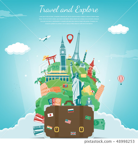 Travel composition with famous world landmarks. Travel and Tourism concept. Vector 48998253