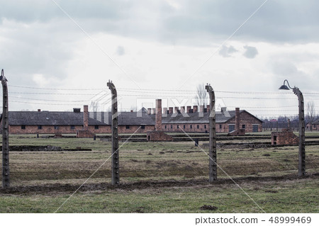 Auschwitz II Birkenau, ruins of barracks at Birkenau. Stoves and chimneys are all that remains of 48999469