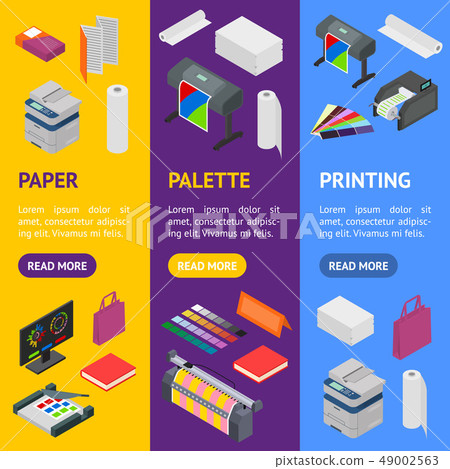 Printing Signs 3d Banner Vecrtical Set Isometric View. Vector Printing Signs 3d Banner Vecrtical Set Isometric View. Vector 49002563