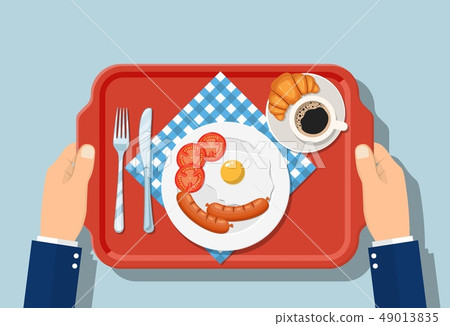 Top view of breakfast on wooden tray. Top view of breakfast on wooden tray. 49013835
