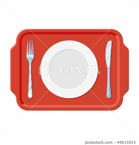 A plastic tray with iron plate knife and fork A plastic tray with iron plate knife and fork 49013853
