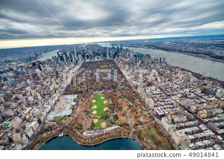 Wide angle aerial view of Midtown Manhattan and 49014841