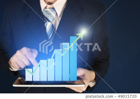 Double exposure businessman touching growth bar Double exposure businessman touching growth bar 49015720