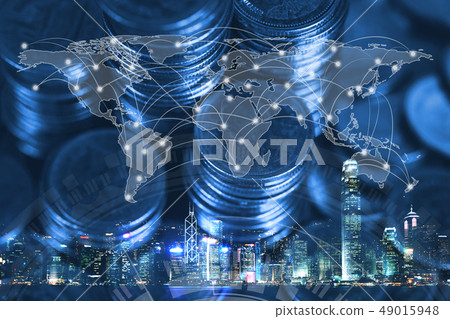Double exposure of coin stack with city background Double exposure of coin stack with city background 49015948