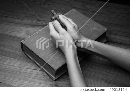 Hands folded in prayer over Holy Bible 49018134