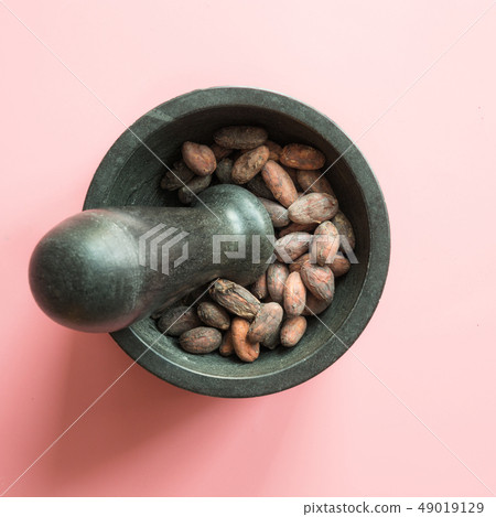 Concept of cocoa beans in bowls on pink. Concept of cocoa beans in bowls on pink. 49019129