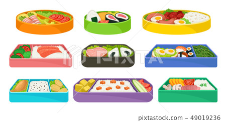 Japanese food in colorful lunch boxes set. Japanese food in colorful lunch boxes set. 49019236