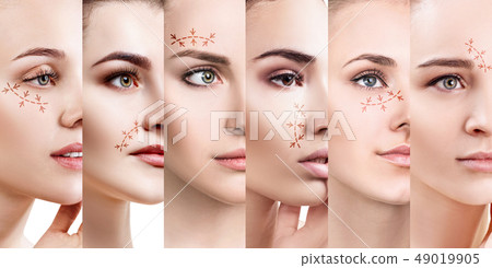 Collage of woman's faces with lifting arrows. Collage of woman's faces with lifting arrows. 49019905