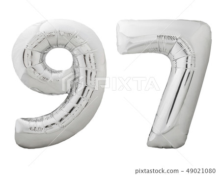 Silver number 97 ninety seven made of inflatable balloon isolated on white 49021080