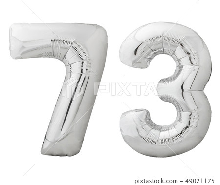 Silver number 73 seventy three made of inflatable balloon isolated on white 49021175
