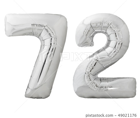 Silver number 72 seventy two made of inflatable balloon isolated on white 49021176