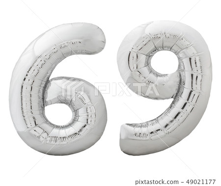 Silver number 69 sixty nine made of inflatable balloon isolated on white 49021177