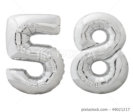 Silver number 58 fifty eight made of inflatable balloon isolated on white 49021217