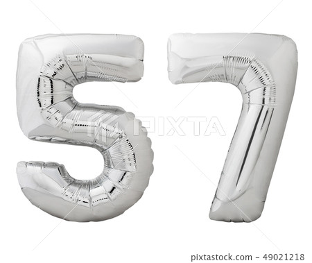 Silver number 57 fifty seven made of inflatable balloon isolated on white 49021218