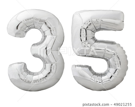 Silver number 35 thirty five made of inflatable balloon isolated on white Silver number 35 thirty five made of inflatable balloon isolated on white 49021255