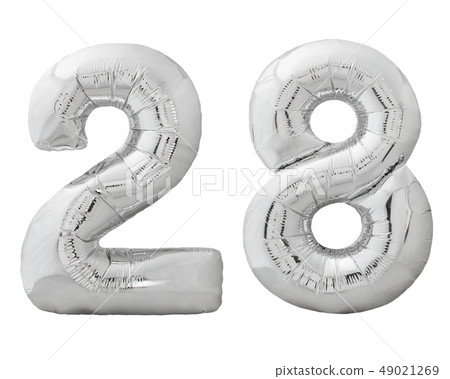 Silver number 28 twenty eight made of inflatable balloon isolated on white Silver number 28 twenty eight made of inflatable balloon isolated on white 49021269