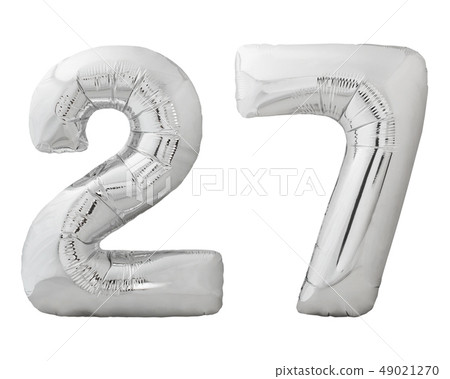 Silver number 27 twenty seven made of inflatable balloon isolated on white Silver number 27 twenty seven made of inflatable balloon isolated on white 49021270