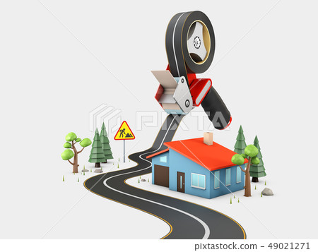 Curved road with white markings and tape dispenser. 3d illustration Curved road with white markings and tape dispenser. 3d illustration 49021271