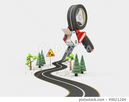 Curved road with white markings and tape dispenser. 3d illustration Curved road with white markings and tape dispenser. 3d illustration 49021284