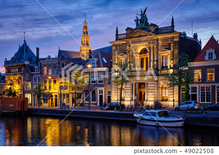 Canal and houses in the evening. Haarlem, Netherlands 49022508