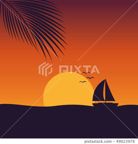 sunset at sea with yacht marine nature landscape with sailboat and palm leaf sunset at sea with yacht marine nature landscape with sailboat and palm leaf 49023978
