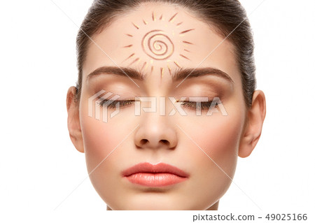girl with sun drawing on forehead isolated on white girl with sun drawing on forehead isolated on white 49025166
