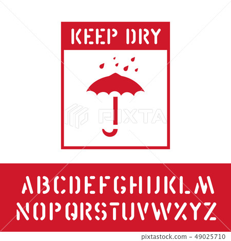 Keep dry stamp with cargo alphabet for wooden box sign. To protect from moisture, fragile. Vector 49025710
