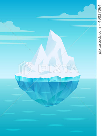 Iceberg floating on water waves with underwater part, bright blue sky with clouds, freshwater ice Iceberg floating on water waves with underwater part, bright blue sky with clouds, freshwater ice 49027064
