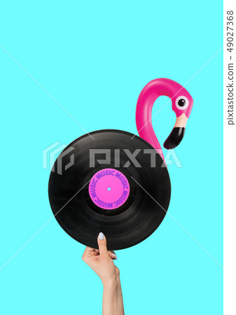 Let's take a music break. Flamingo with vinyl record as a body and hand as legs. Modern design Let's take a music break. Flamingo with vinyl record as a body and hand as legs. Modern design 49027368
