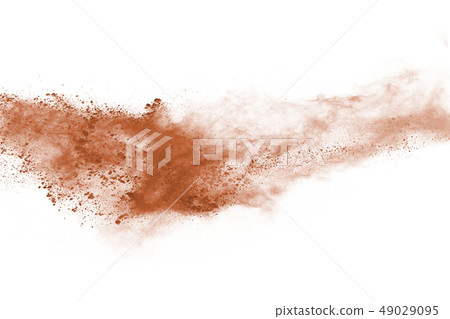 Brown color powder explosion on white background.  49029095