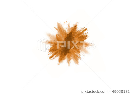 Brown color powder explosion on white background.  49030181