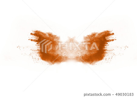 Brown color powder explosion on white background.  49030183