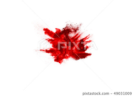 Red powder exploding, isolated on white background 49031009